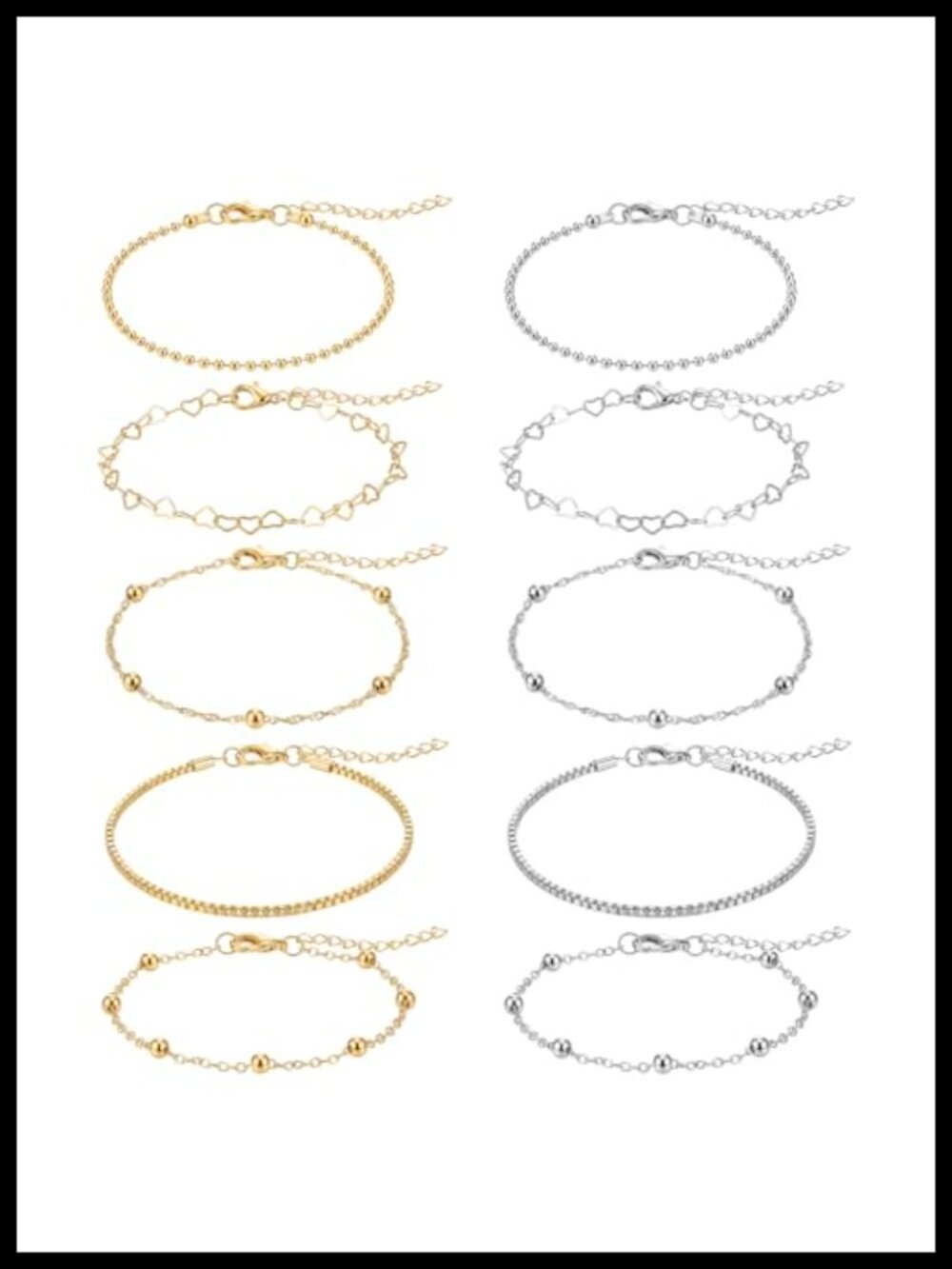 10 Pc Anklet Set Adjustable Link Chain Ankle Bracelets for Women